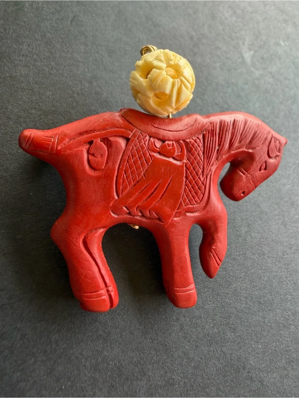 Vintage Chinese Carved Red Cinnabar Lacquer Horse Brooch Pin